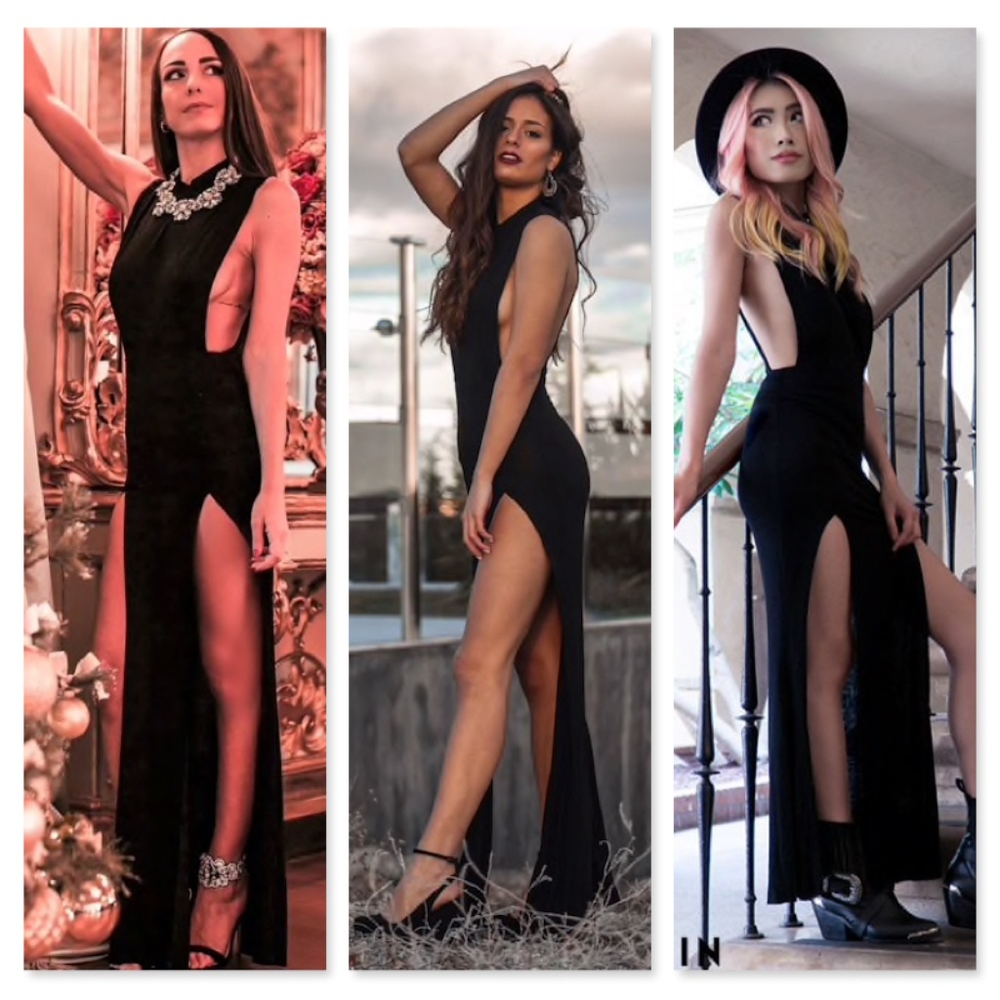 High Slit Open Side Mesh Back Black Maxi Dress - Picture 7 of 8